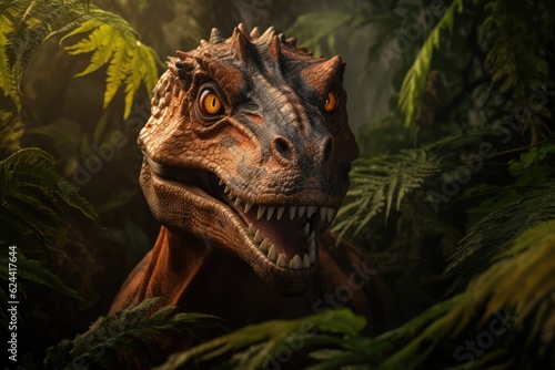 Headshot of dinosaur with plants in forest  created using generative ai technology