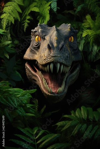 Headshot of dinosaur with plants in forest, created using generative ai technology © Future Vision