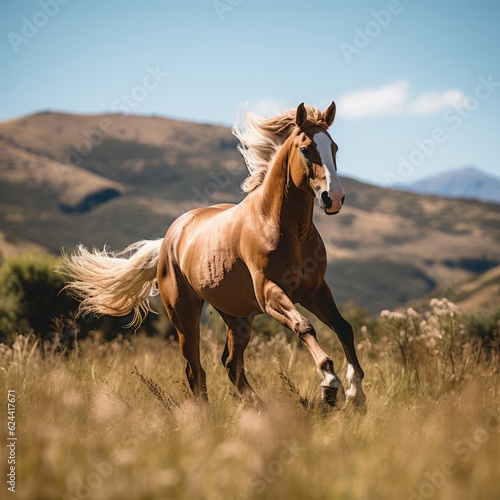 Brown horse galloping in field on sunny day  created using generative ai technology