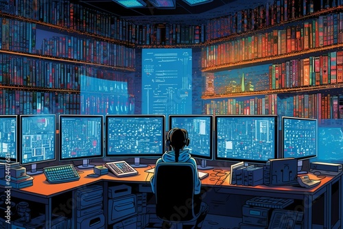 data-lit room, a figure in a symbol-adorned hoodie intensely studies a complex data visualization on multiple screens