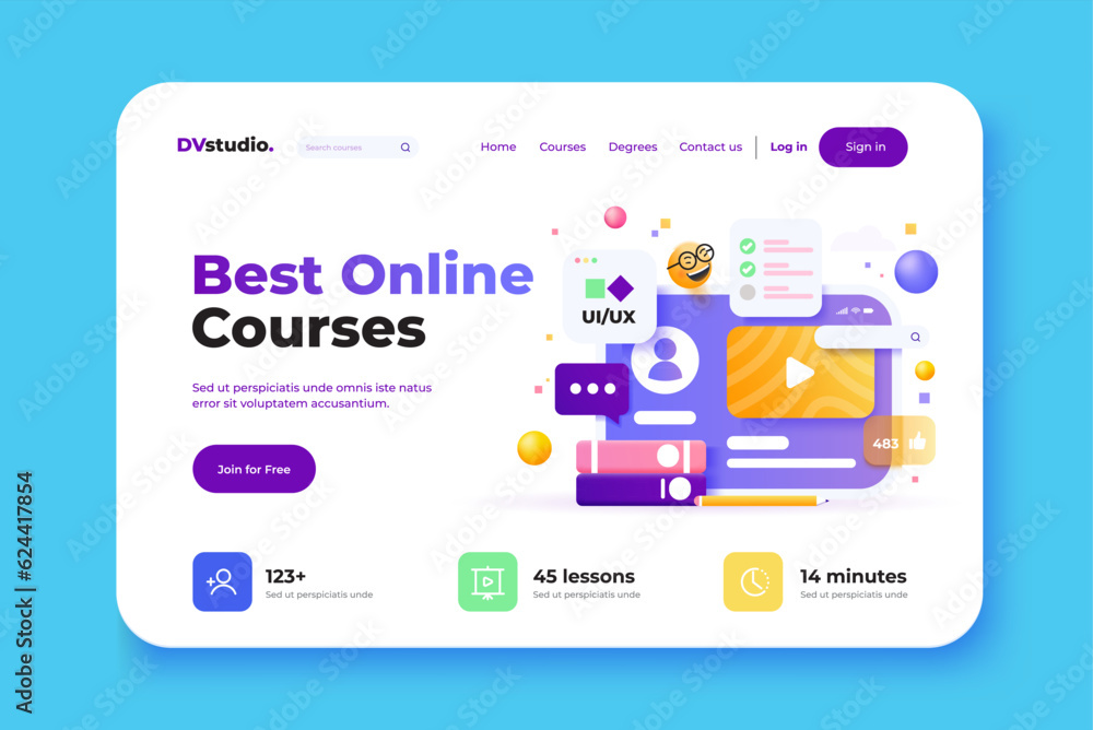 Online education concept design for website, presentation, poster and advertising. Landing page design template. 3d Vector illustration Online education concept design for website, presentation, poster and advertising. Landing page design template. 3d Vector illustration