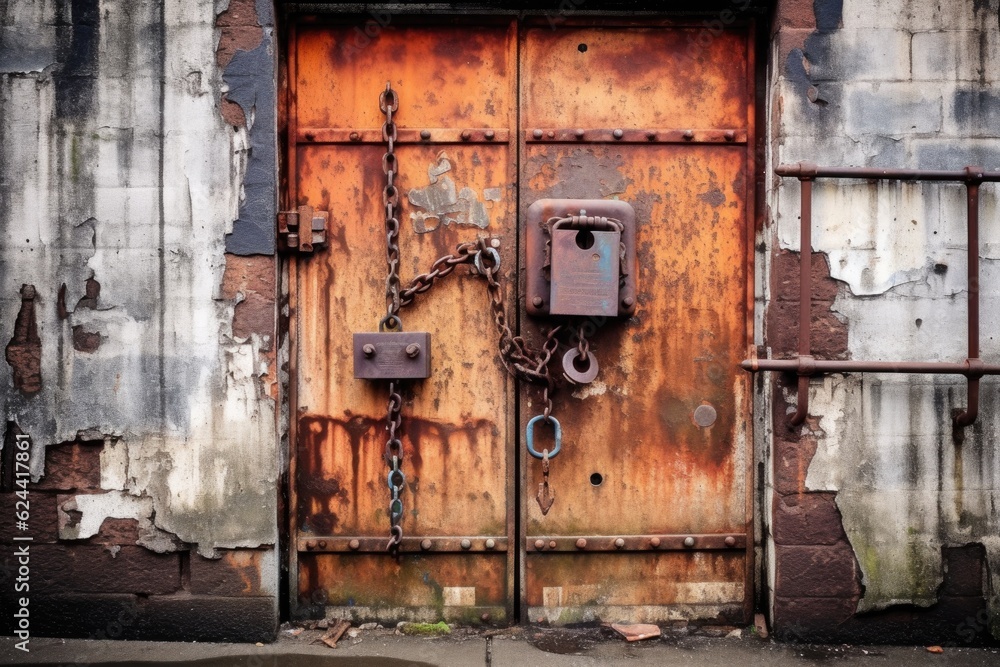 rusty padlock securing entrance to an old warehouse, created with generative ai