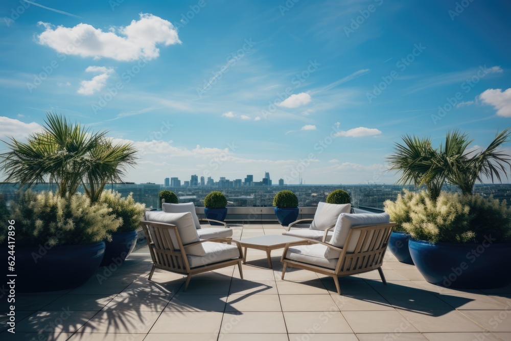 Luxury penthouse terrace with outdoor furniture, created using generative ai technology