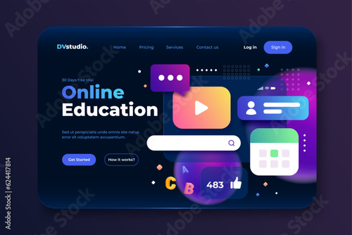 Landing page template of Online Education. Realistic web page with dashboard for business and Distance Learning concept. Modern 3D design concept of web page design for website. Vector