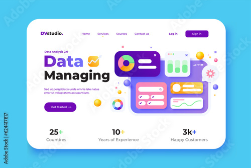 Landing page template of Data Analysis tool. Online marketing, financial report chart, data analysis concept. Modern 3D design concept of web page design for website and mobile website. Vector
