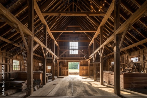 interior of the barn showing restored wooden structure, created with generative ai