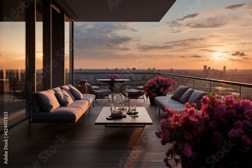 Luxury penthouse terrace with outdoor furniture at sunset, created using generative ai technology © Future Vision