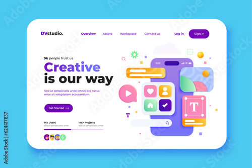 Landing page template of Design Agency. Web UI-UX design, web development concept. Modern 3D design concept of web page design for website and mobile website. Easy to edit and customize. Vector