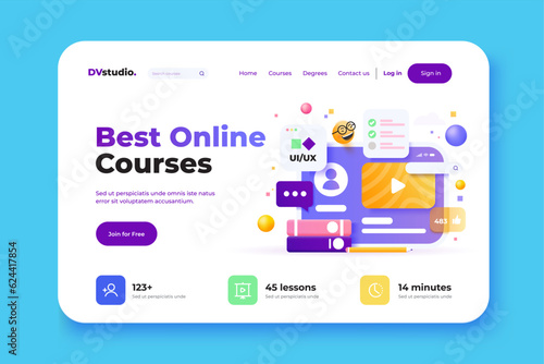 Online education concept design for website, presentation, poster and advertising. Landing page design template. 3d Vector illustration