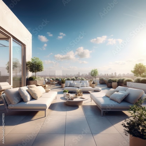 Luxury penthouse terrace with outdoor furniture, created using generative ai technology