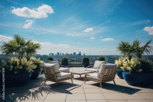 Luxury penthouse terrace with outdoor furniture, created using generative ai technology © Future Vision