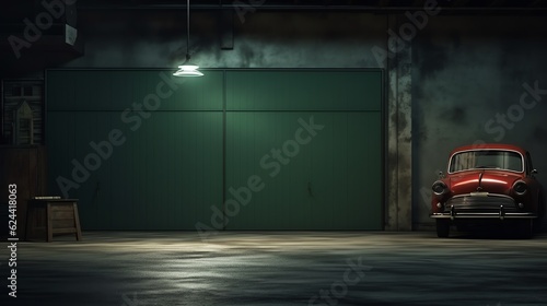 Old car close up on garage with dark background, copy space for text and illustration for product presentation and template design.