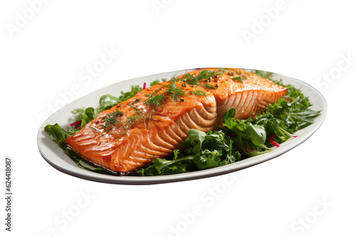 Salmon grilled steak isolated on transparent background. Generative Ai