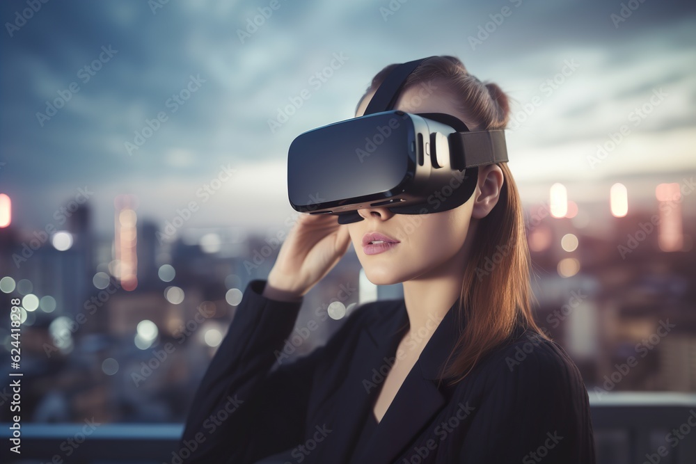 Woman with glasses of virtual reality. Future technology concept. Woman with glasses of virtual reality. Future technology concept.