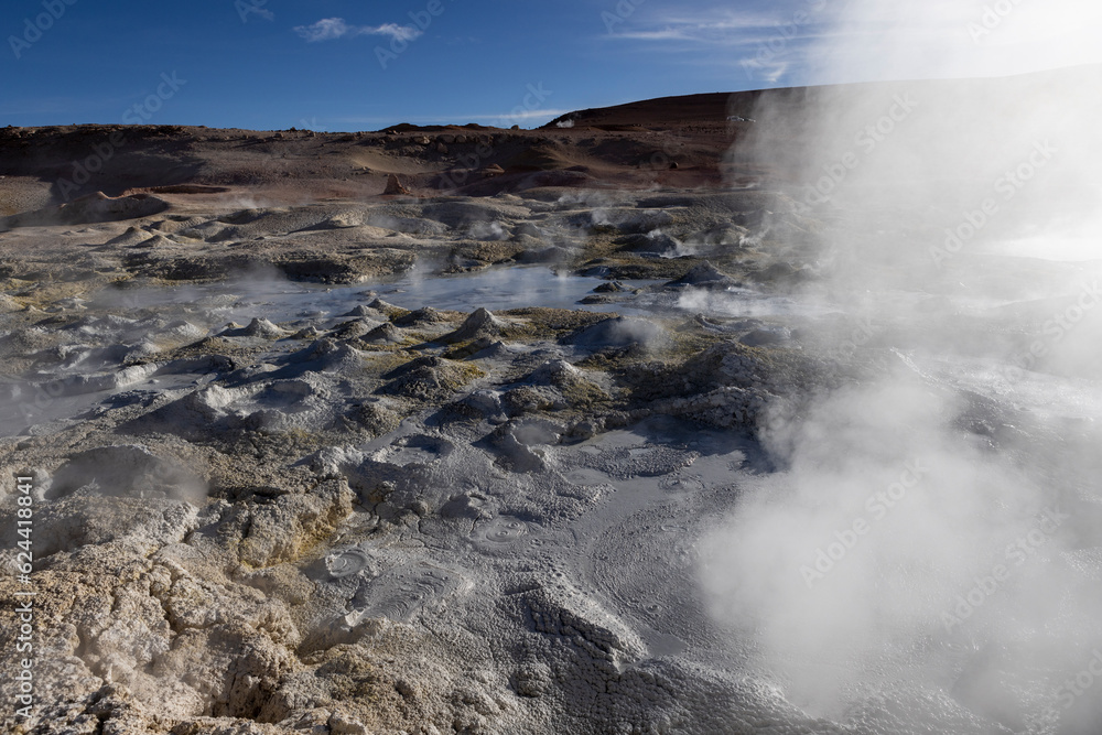 Stunning geothermic field of Sol de Mañana with its steaming geysers and hot pools with bubbling mud - just one sight on the lagoon route in Bolivia, South America Stunning geothermic field of Sol de Mañana with its steaming geysers and hot pools with bubbling mud - just one sight on the lagoon route in Bolivia, South America