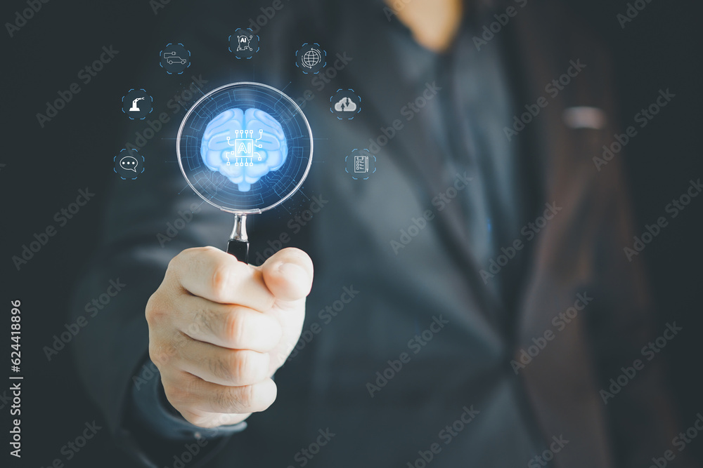 Businessman touching the brain working of Artificial Intelligence (AI) Automation, Predictive analytics Businessman touching the brain working of Artificial Intelligence (AI) Automation, Predictive analytics