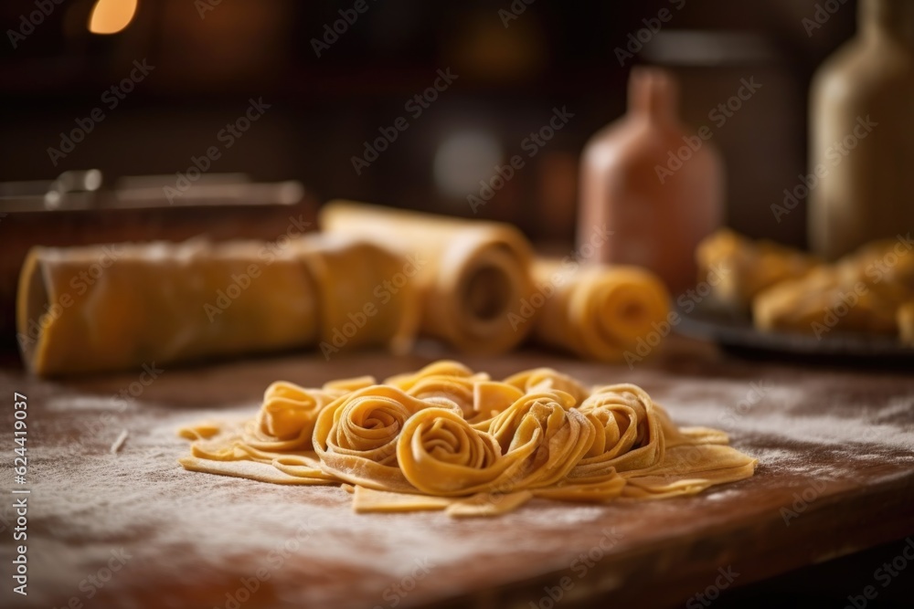 close-up of freshly rolled pasta dough on wooden table, created with generative ai close-up of freshly rolled pasta dough on wooden table, created with generative ai