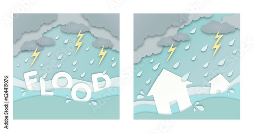 Flood natural disaster banner set, heavy rain, grey clouds, houses floating in water papercut illustration