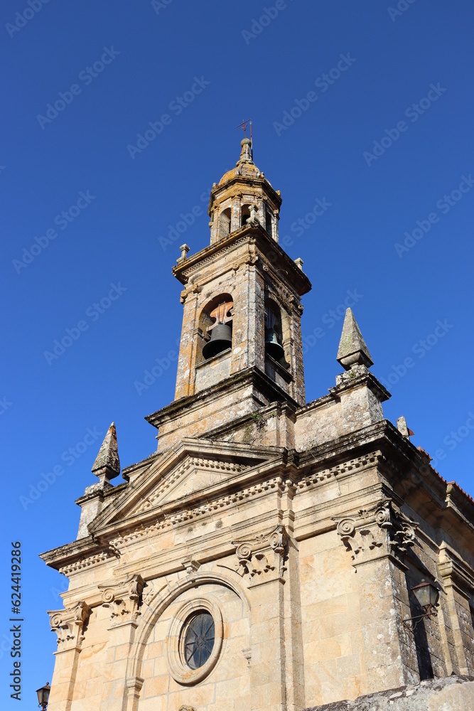 Upper part of the stone facade of the church of Santa Comba, in Carnota, La Coruña, Spain.
