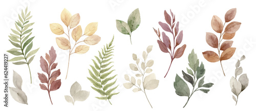 Fotografia, Obraz Watercolor vector set of fall branches isolated on a white background