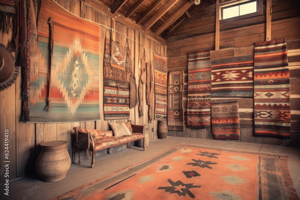 vintage navajo rug hanging on a rustic wooden wall, created with generative ai - obrazy, fototapety, plakaty 