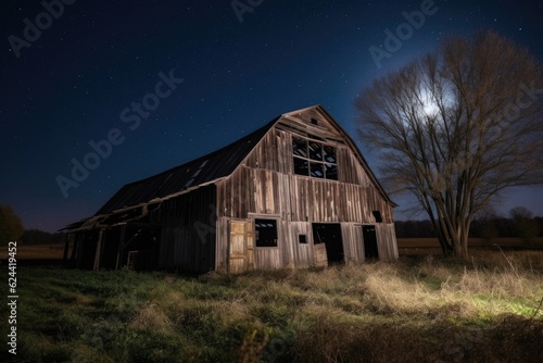 rustic barn with full moon shining in the night sky, created with generative ai