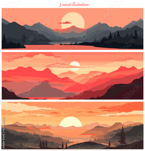 set of 3 sunset between mountains vector illustrations © haris