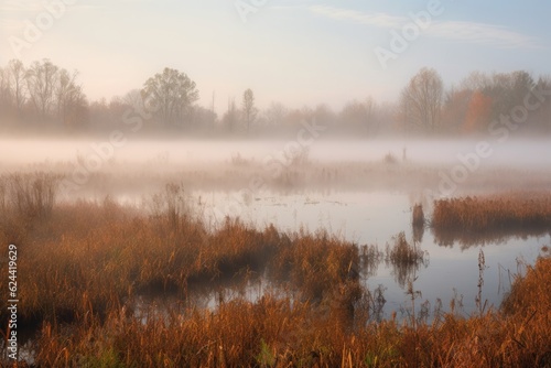 misty morning with mist rising from wetlands and marshlands, created with generative ai