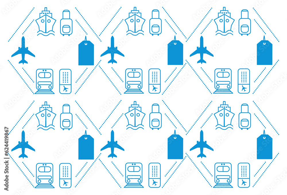 Transport Vehicles Seamless Pattern Illustration, Blue Line Art Boat, Plane, Train, Luggage tag, Luggage, Metro, Ticket Pattern Icons