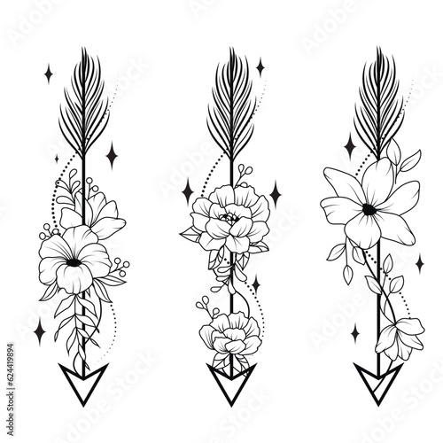Set of arrows with flowers, branches with leaves, feather arrow, simple doodle drawing, gravure style. Tattoo all over the body. Coloring book.