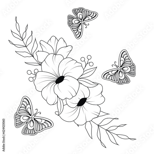 Bouquet of flowers, branches with leaves, bean flies, simple doodle drawing, gravure style. Tattoo all over the body. Coloring book.