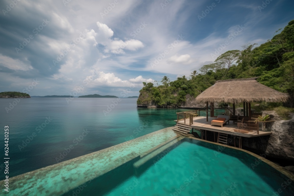 luxury resort on remote island, with infinity pool and private beach, created with generative ai