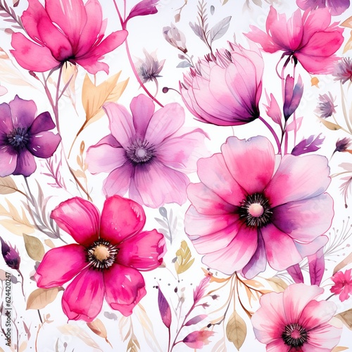 Watercolor wild flowers on a white background. Romantic print for fabric or invitation card. Drawn natural pattern in magenta color. Generation AI