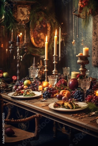 festive table setting with candles and holiday decor  created with generative ai