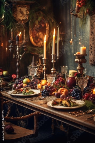 festive table setting with candles and holiday decor, created with generative ai