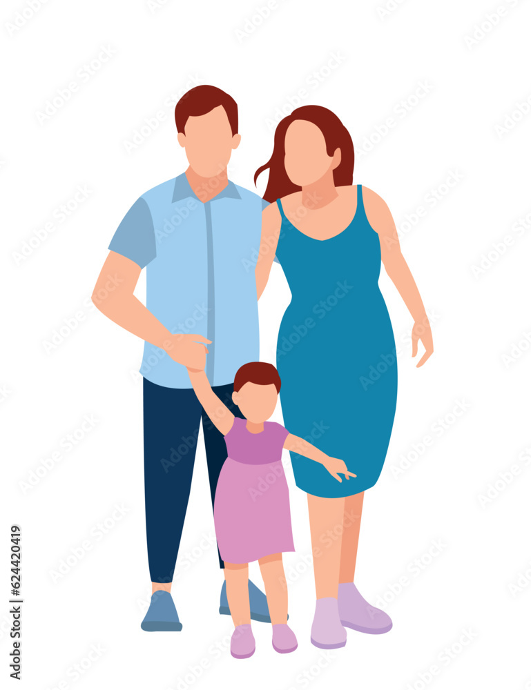 Set of happy traditional heterosexual families with children. Smiling mother, father and kids. Cute cartoon characters isolated on white background. Colorful vector illustration in flat style Set of happy traditional heterosexual families with children. Smiling mother, father and kids. Cute cartoon characters isolated on white background. Colorful vector illustration in flat style