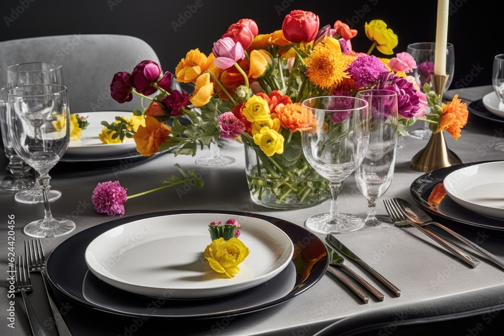 a modern table setting with sleek plates and flatware, bright flowers, and crisp linens, created with generative ai