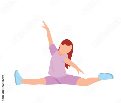 Happy girl gymnast exercising. Little child doing gymnastics. Cute kid at gym balancing posture. Junior acrobat training. Sports activity. Flat vector illustration