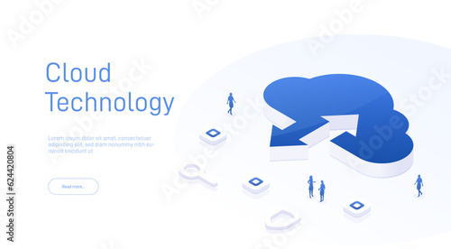 Cloud technology. Isometric cloud storage sign with two arrows up and down. Cloud computing, big data center, future infrastructure, digital ai concept. Virtual hosting symbol. 3d vector illustration