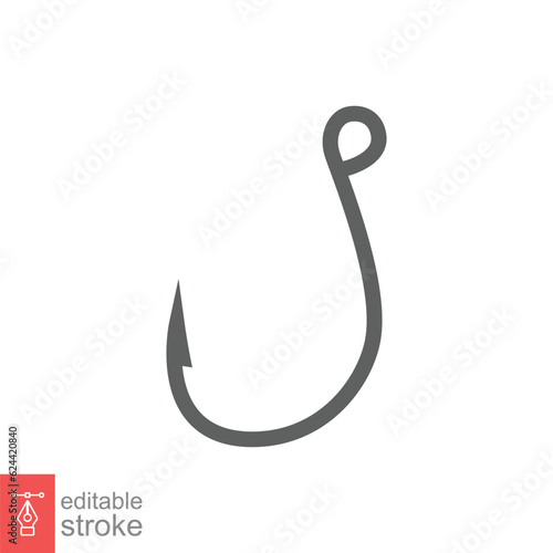 Fish hook icon. Simple outline style. Fishhook, angler, trap, metal sharp needle, fishing equipment concept. Thin line symbol. Vector illustration isolated on white background. Editable stroke EPS 10.