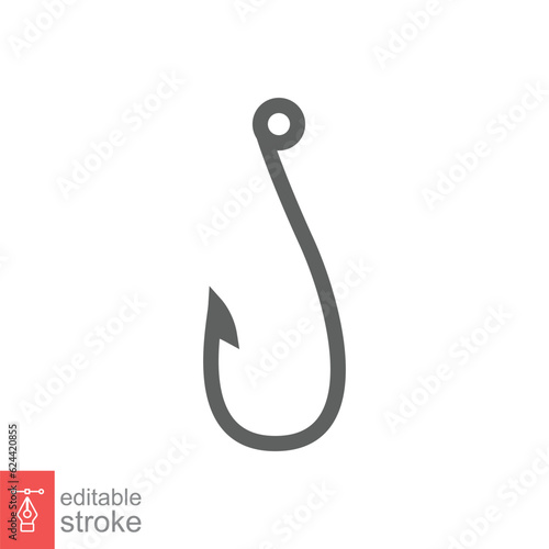 Fish hook icon. Simple outline style. Fishhook, angler, trap, metal sharp needle, fishing equipment concept. Thin line symbol. Vector illustration isolated on white background. Editable stroke EPS 10.