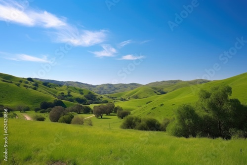 serene landscape with rolling hills  lush greenery and clear blue sky  created with generative ai