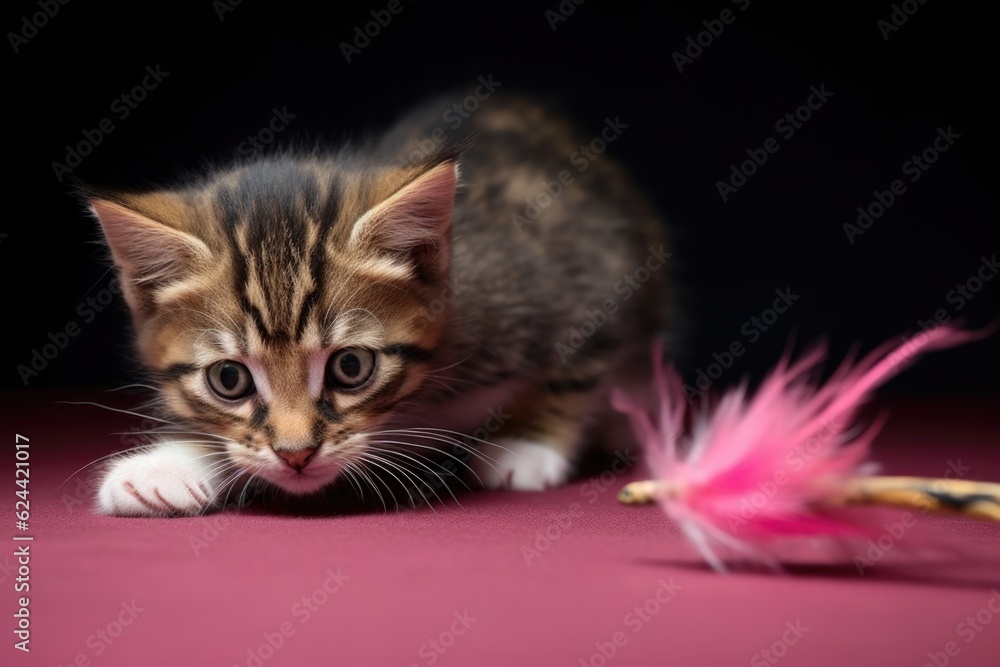 kitten stalking feather toy, ready to pounce, created with generative ai