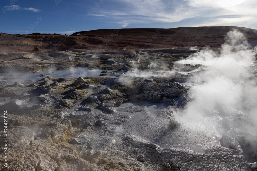 Stunning geothermic field of Sol de Mañana with its steaming geysers and hot pools with bubbling mud - just one sight on the lagoon route in Bolivia, South America