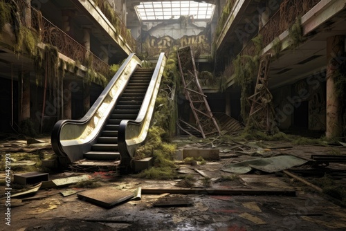 collapsed escalator in a decaying mall, created with generative ai