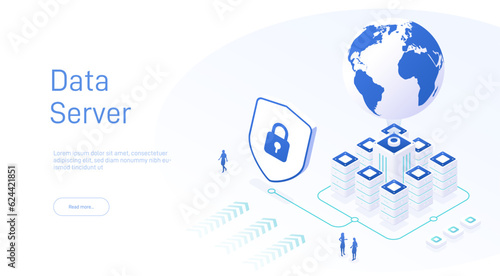 Cloud database. Data transmission technology data protection. Concept of big data processing center, server energy station of future. Server room banner, web hosting processing of big data concept.