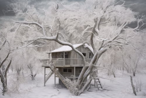 snowy treehouse framed by barren winter branches, created with generative ai