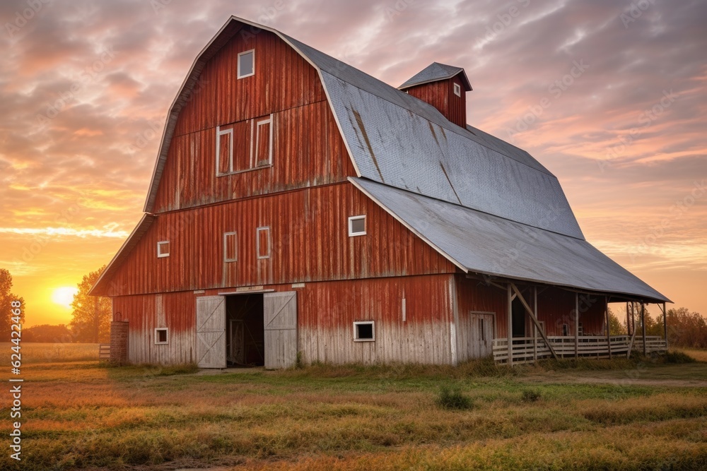 restored barn illuminated by soft sunset light, created with generative ai restored barn illuminated by soft sunset light, created with generative ai