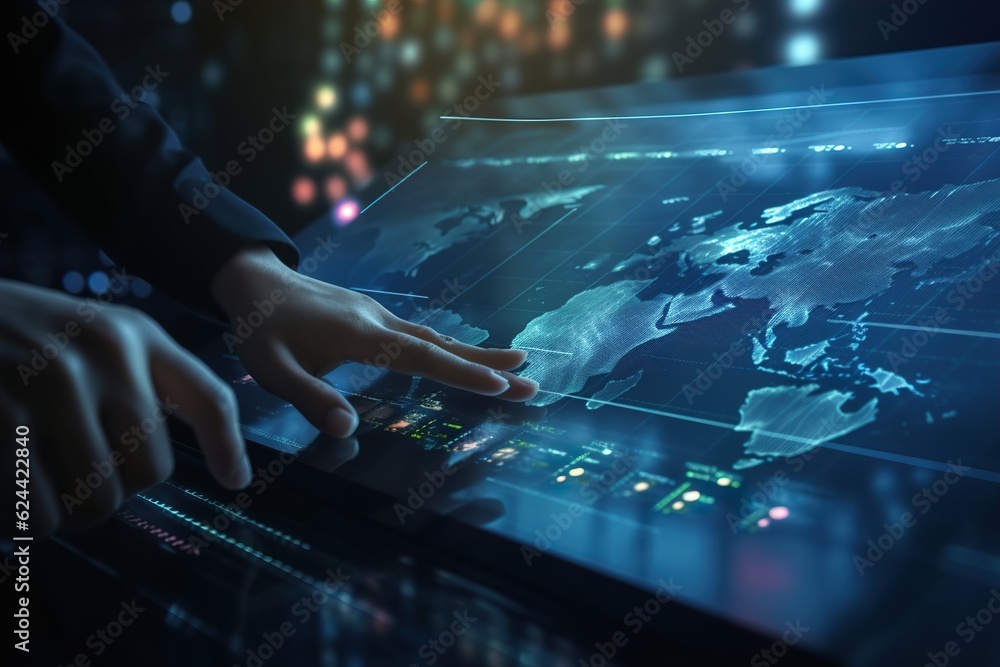 A person using AI smart technology with a touch screen sensor and holograms A person using AI smart technology with a touch screen sensor and holograms