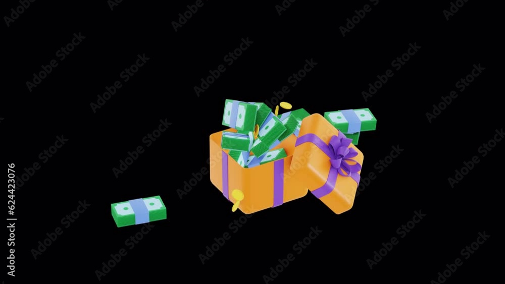 Gift box with money animation. big pile of Dollar Banknotes. 3d render ALPHA channel. surprise, earn money, win. earning prizes, bonus or rewards, loyalty program, Casino, Online Game concept Gift box with money animation. big pile of Dollar Banknotes. 3d render ALPHA channel. surprise, earn money, win. earning prizes, bonus or rewards, loyalty program, Casino, Online Game concept